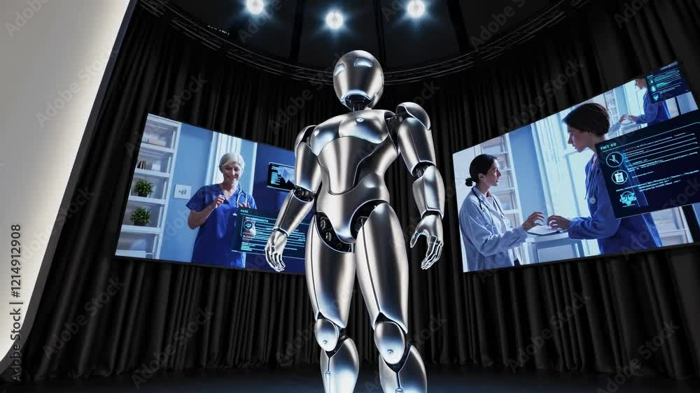Fototapete futuristic humanoid robot interacts in a high-tech environment with advanced displays and lighting