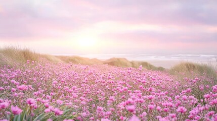 Obraz premium Serene Coastal Landscape: Pink-Flushed Flowers in Breezy Field with Dunes, Cinematic View of Pale Sky - Ultra-Detailed Nature Scene