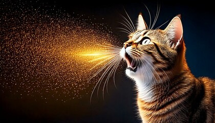 花粉症のイメージイラスト、光る花粉のイメージとそれを吸い込む猫