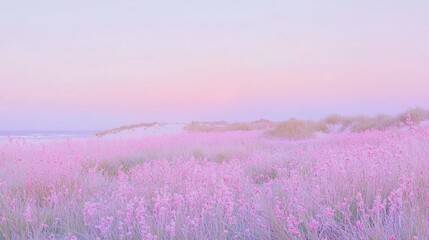Fototapeta premium Serene Coastal Bliss: Pink-Flushed Flowers in Breezy Field with Dunes and Pastel Sky in Background | Ultra-Detailed Cinematic Image