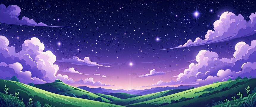 Clear starry night sky over rolling green hills with soft purple clouds at horizon gentle twilight gradient illustration background design