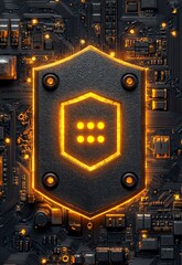 Fototapeta premium Modern Circuit Board with Shield Emblem and Glowing Orange Elements