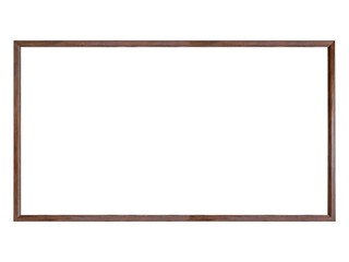 Dark brown wooden 16 to 9 aspect ratio frame is isolated on white background.
