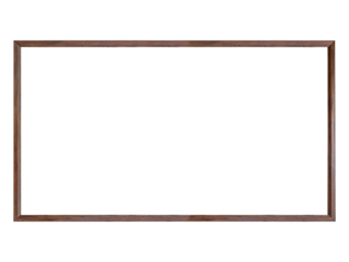 Dark brown wooden 16 to 9 aspect ratio frame is isolated on white background.