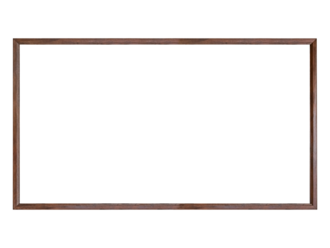 Dark brown wooden 16 to 9 aspect ratio frame is isolated on white background.