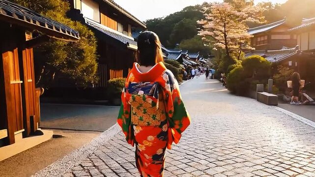 back view of young japanese girl in colorful kimono walking in path. female in traditional costume going to join festival in summer under sunshine. beautiful elegant lady in hanamikoji dori