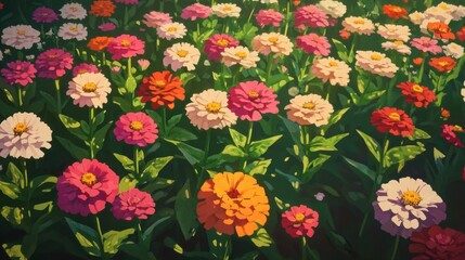 Colorful Garden of Zinnias in Full Bloom Under Bright Sunlight