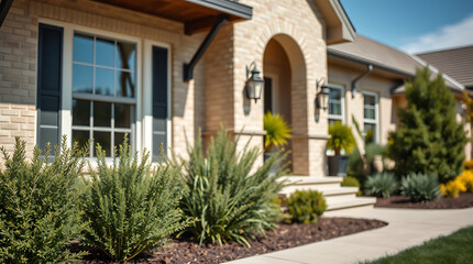 Fototapeta premium Luxury Home Exterior with Landscaped Garden and Walkway