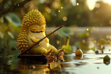 Cartoon durian fishing in a calm lake, holding a fishing rod and looking relaxed.