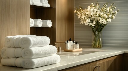 A relaxing hotel spa setup with fluffy white towels and a vase of fresh flowers on a wooden counter