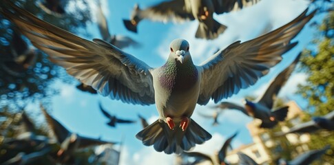 Obraz premium Flock of Pigeons Soaring in a Sunny Blue Sky