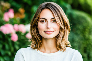 Fototapeta premium A woman with short brown hair and a white shirt is smiling