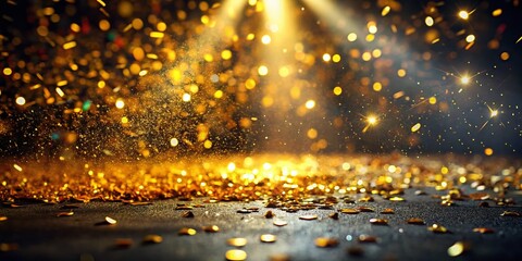 Naklejka premium Empty Stage with Golden Confetti & Light Beam - New Year Party Mockup