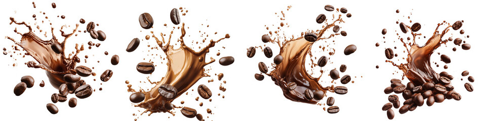 set of Coffee beans floating in a spiral shape as coffee drips down, on a transparent backgrounds