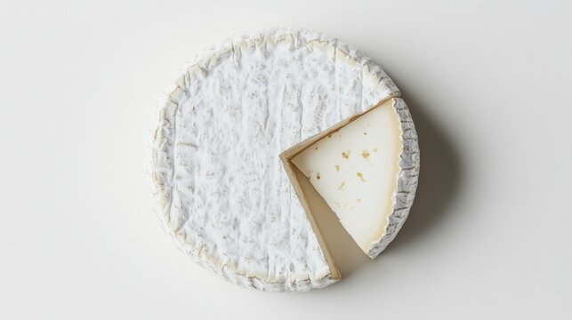 Round Soft Cheese with a Slice Cut Out on White Background