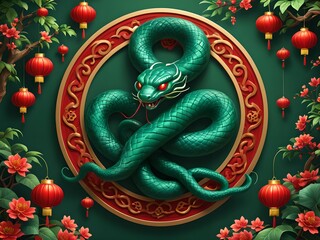 Obraz premium wallpaper depicting a Chinese New Year scene with red lanterns and a beautiful wooden snake.