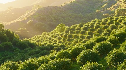Fototapeta premium Morning Serenity: Lavender-Hued Orchard on Hillside Bathed in Soft Sunlight - Ultra-Detailed Cinematic Image