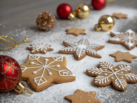 Homemade gingerbread cookies. Baking and painting gingerbread. Christmas winter cookies. Delicious homemade cookies in the shape of snowflakes with frosting. Homemade pastries.
