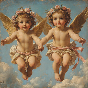 Two cherubs with floral crowns, holding hands, painted in vintage style