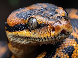 Fototapeta premium Close-up of a striking orange and black snake showcasing its intricate scale pattern and eye detail