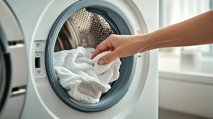 Close-up of a woman's hand placing a white towel into an open washing machine.