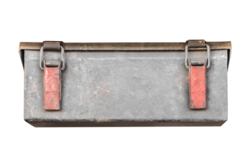 Rectangular metal box with copyspace and weathered surface and two red latch closures on the top edge is isolated. The box has a rustic, industrial appearance, suggesting it is an old or vintage item.