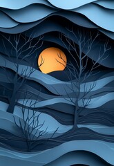 Abstract paper cut landscape with trees and stylized sun in dark blue tones