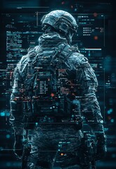 Futuristic Soldier in High-Tech Combat Gear with Advanced Interface and Data Overlay