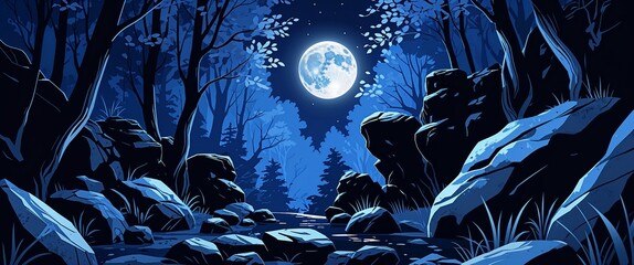 Fototapeta premium Moonlight illuminating dark craggy rocks in the forest deep blue shadows tall trees with silver leaves casting soft shadows illustration background design.