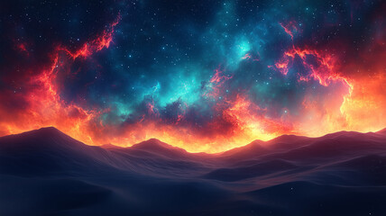 Naklejka premium Otherworldly desert scene with vibrant colors and starry sky, evoking wonder and imagination