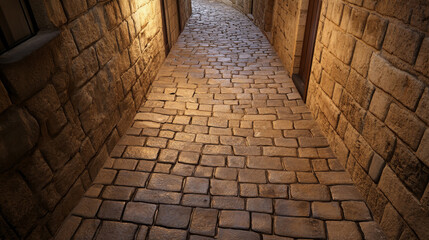 Fototapeta premium narrow cobblestone lane with warm lighting creates charming atmosphere, inviting exploration and evoking sense of history and tranquility