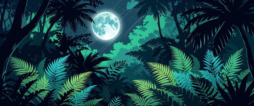 Moonlight casting silver streaks over a dense jungle tropical ferns illuminated in shades of green and blue shadows of large trees illustration background design.