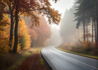 Fototapeta premium Long Exposure Blurry Autumn Morning on Empty Rural Road through Forest