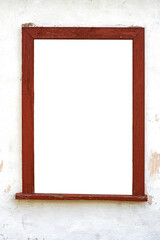 Rectangular window frame in the old white wall with dark brown border and without window is isolated.