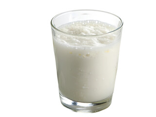 Airan or kefir drink, fermented milk drink, fermented probiotics on a white background. Ayran is a popular refreshing Middle Eastern beverage made with yogurt, water and salt. 