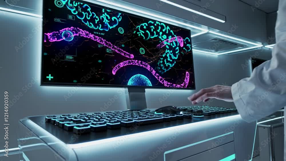 Poster scientific researcher engages with advanced technology in a modern lab setting focused on data visua