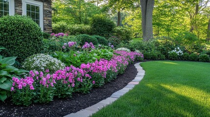 Naklejka premium Lush Garden Bed with Vibrant Pink Flowers and Green Lawn