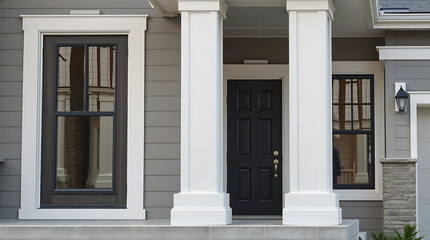 Fototapeta premium Elegant Home Exterior: Modern Architecture, Grey Facade, White Columns, and Black Door