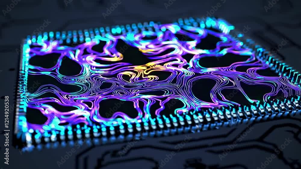 Poster discover the artistic representation of a microchip illuminated with colorful patterns and intricate