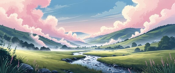 Pale pink mist rising from a quiet stream in a valley with rolling hills soft blue skies above illustration background design.