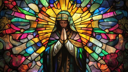 Obraz premium A stained glass church window featuring a saint in prayer, surrounded by vibrant colors and intricate designs