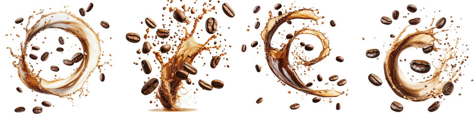 set of Coffee beans floating in a spiral shape as coffee drips down, on a transparent backgrounds