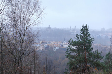 
A city silhouette in the hazy distance with church spiers rising above the treetops.