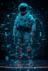 Fototapeta premium Futuristic Soldier in High-Tech Armor with Digital Interface Elements and Energetic Background