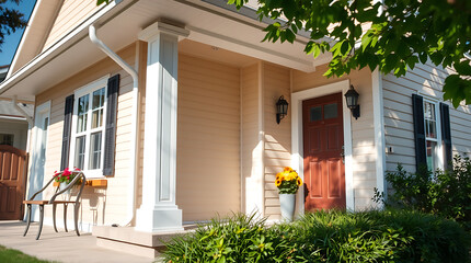 Fototapeta premium Charming House Exterior: Sunlit Porch and Lush Landscaping. A perfect blend of architectural design and natural beauty, creating a welcoming and serene home environment.