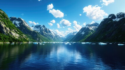 Scenic Mountain Landscape with Clear Blue Water and White Clouds