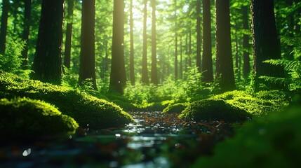 Fototapeta premium Serene Forest Landscape with Sunlight Filtering Through Trees