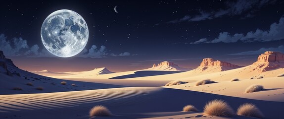 Silver moon resting in dark velvet sky desert dunes in pale sand shades sparse rocky formations in the background illustration background design