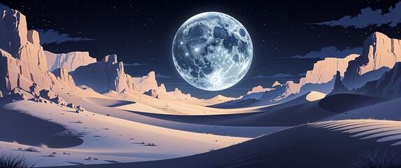 Silver moon resting in dark velvet sky desert dunes in pale sand shades sparse rocky formations in the background illustration background design