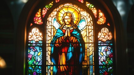 Obraz premium A stunning stained glass window featuring a praying saint, with intricate details and radiant, colorful light